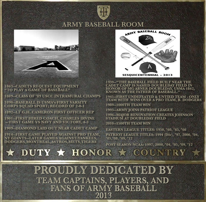 Dedication plaque in honor of the Army Baseball Room Project