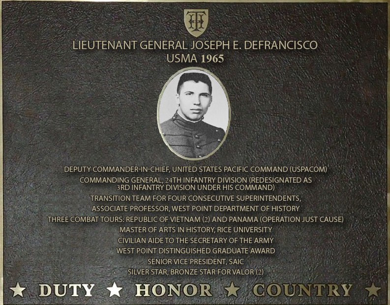 Dedication plaque in honor of Lieutenant General Joseph E. DeFrancisco, USMA 1965