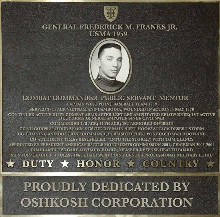 Dedication plaque in honor of General Frederick M. Franks Jr., USMA 1959