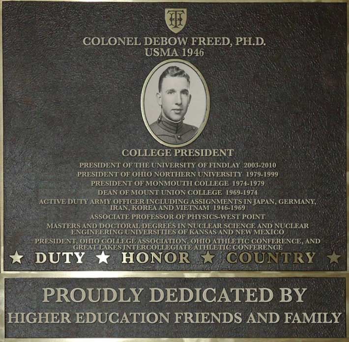 Dedication plaque in honor of Colonel Debow Freed, PH.D., USMA 1946