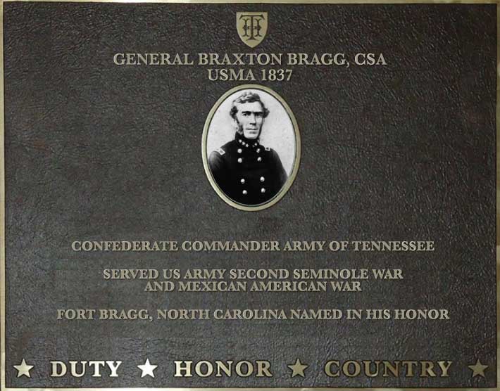 Dedication plaque for General Braxton Bragg, CSA, USMA 1837