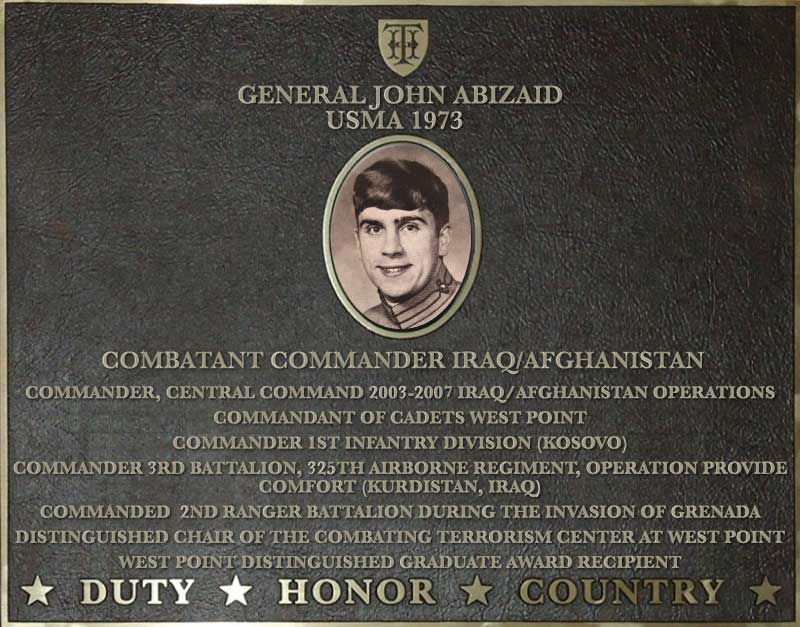 Dedication plaque in honor of General John Abizaid, USMA 1973
