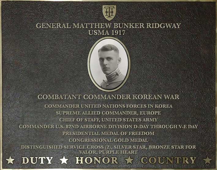 Dedication plaque for General Matthew Bunker Ridgway, USMA 1917