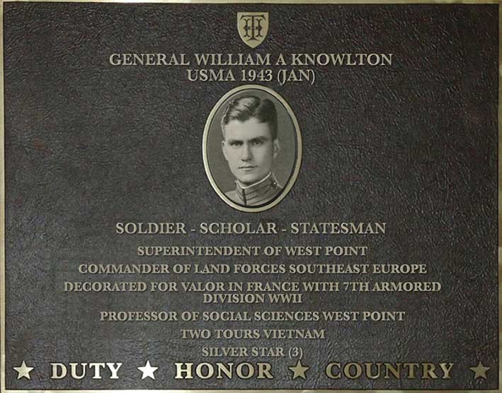 Dedication plaque for General William A. Knowlton, USMA 1943