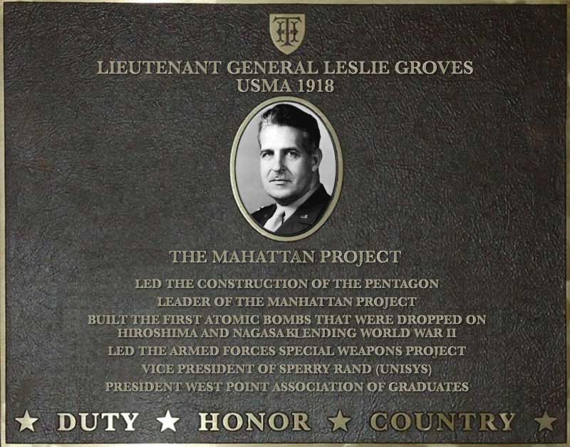 Dedication plaque for Lieutenant General Leslie Groves, USMA 1918