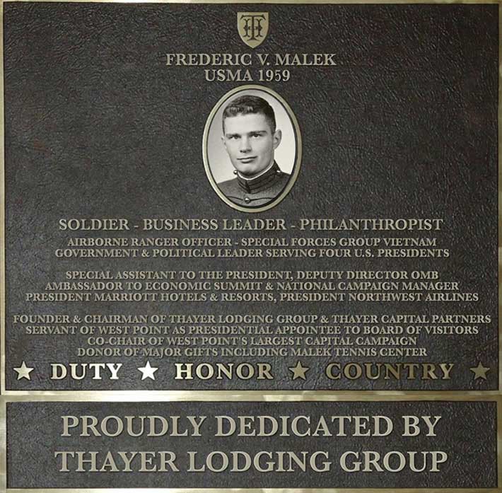Dedication plaque in honor of Frederic V. Malek, USMA 1959