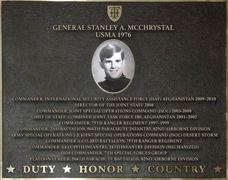 Dedication plaque in honor of General Stanley A. McChrystal, USMA 1976
