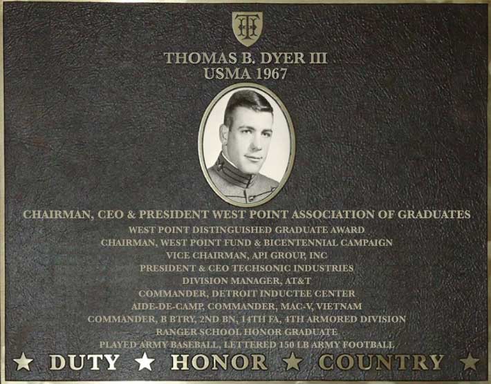 Dedication plaque in honor of Thomas B. Dyer III, USMA 1967