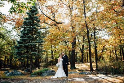 Bride and groom in forested landscape