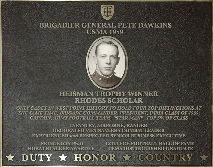 Dedication plaque in honor of Brigadier General Pete Dawkins, USMA 1959