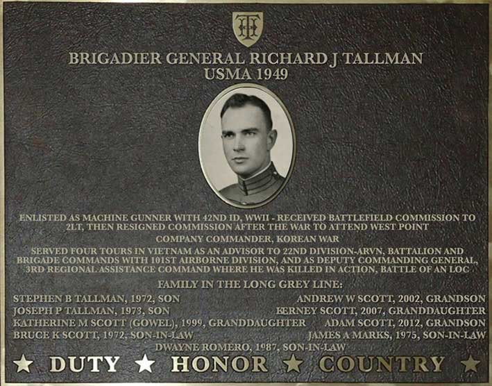 Dedication plaque for Brigadier General Richard J. Tallman, USMA 1949