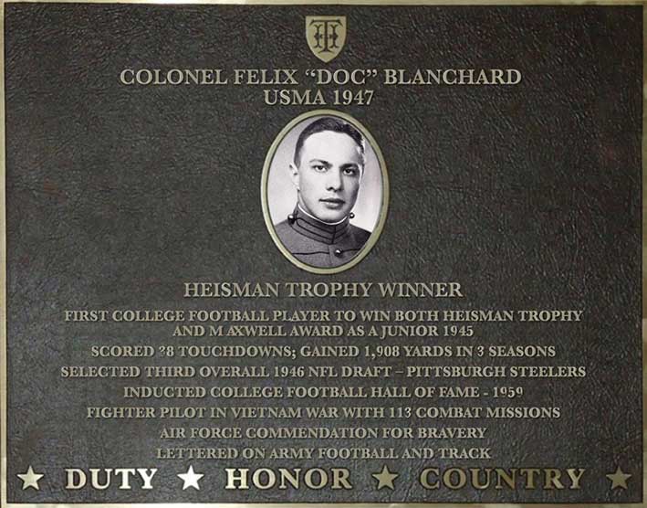 Dedication plaque for Colonel Felix 'Doc' Blanchard, USMA 1947