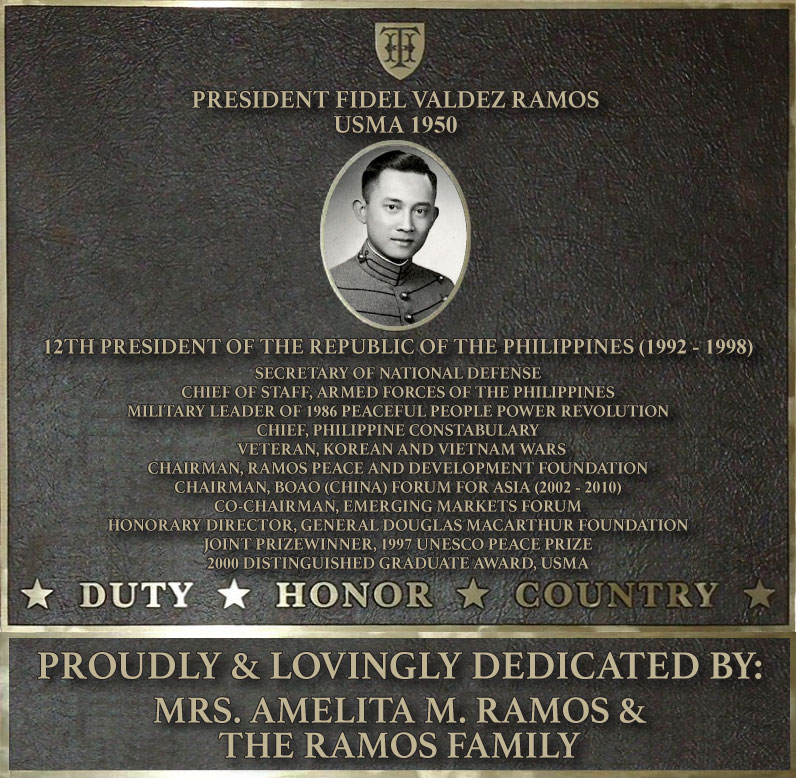 Dedication plaque in honor of President Fidel Valdez Ramos, USMA 1950