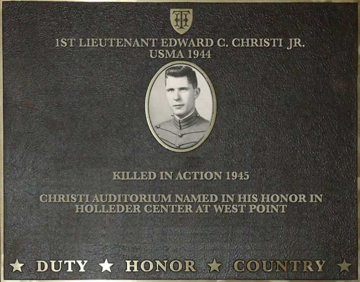 Dedication plaque for 1st Lieutenant Edward C. Christi Jr., USMA 1944