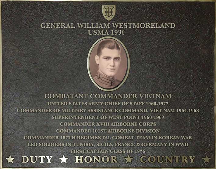 Dedication plaque for General William Westmoreland, USMA 1936