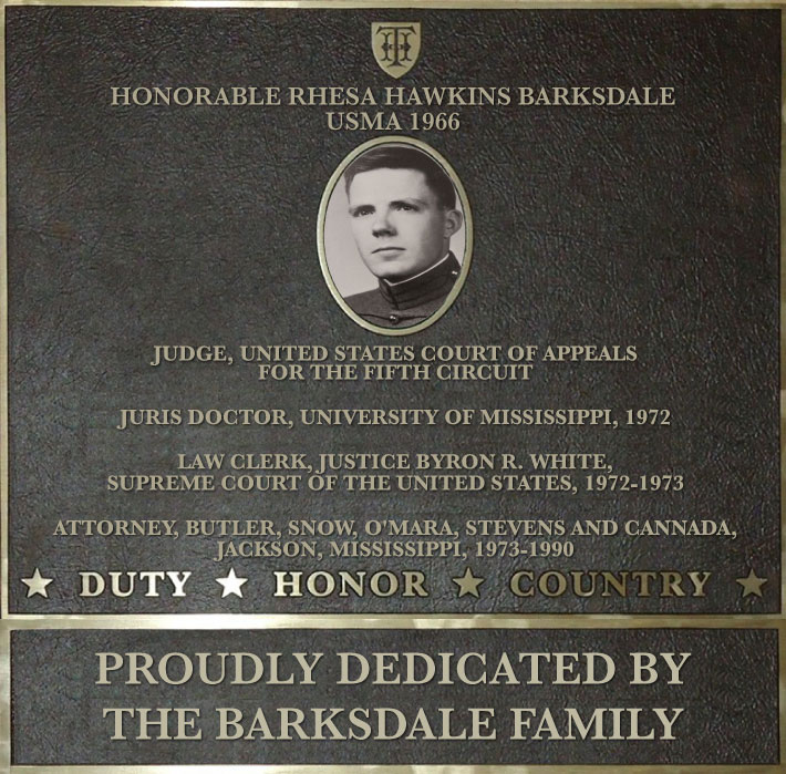 Dedication plaque in honor of Honorable Rhesa Hawkins Barksdale, USMA 1966