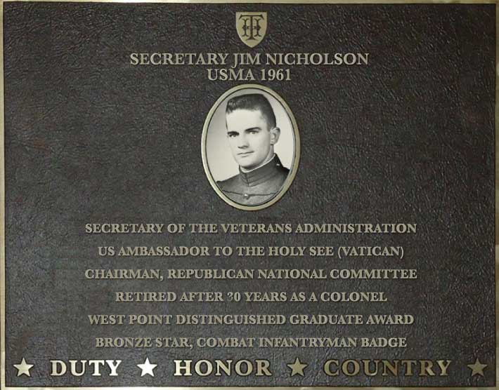 Dedication plaque in honor of Secretary Jim Nicholson, USMA 1961