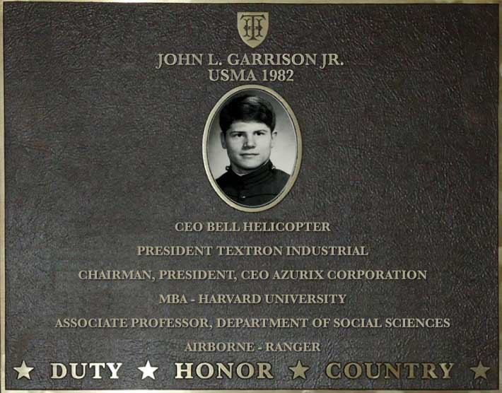 Dedication plaque for John L. Garrison Jr., USMA 1982