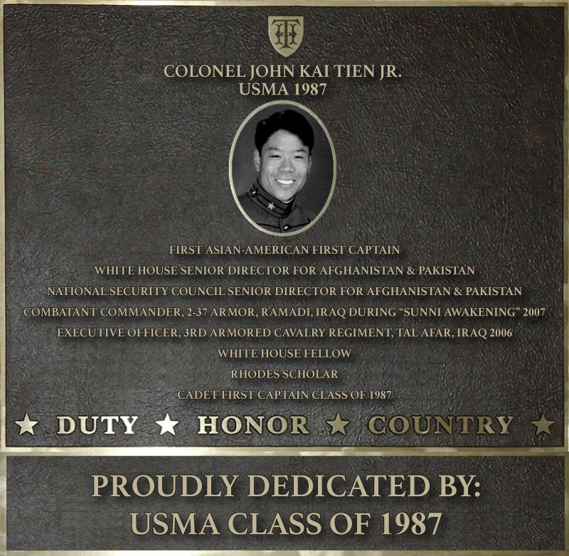 Dedication plaque in honor of Colonel John Kai Tien Jr., USMA 1987