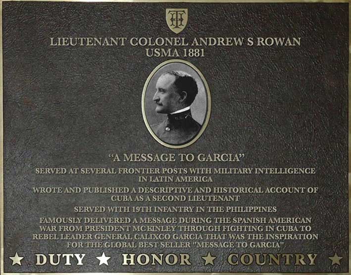 Dedication plaque for Lieutenant Colonel Andrew S. Rowan, USMA 1881