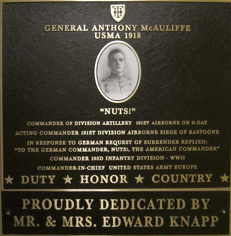 Dedication plaque in honor of General Anthony McAuliffe, USMA 1918