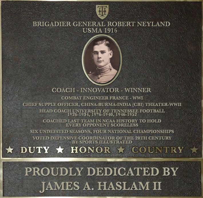 Dedication plaque in honor of Brigadier General Robert Neyland, USMA 1916