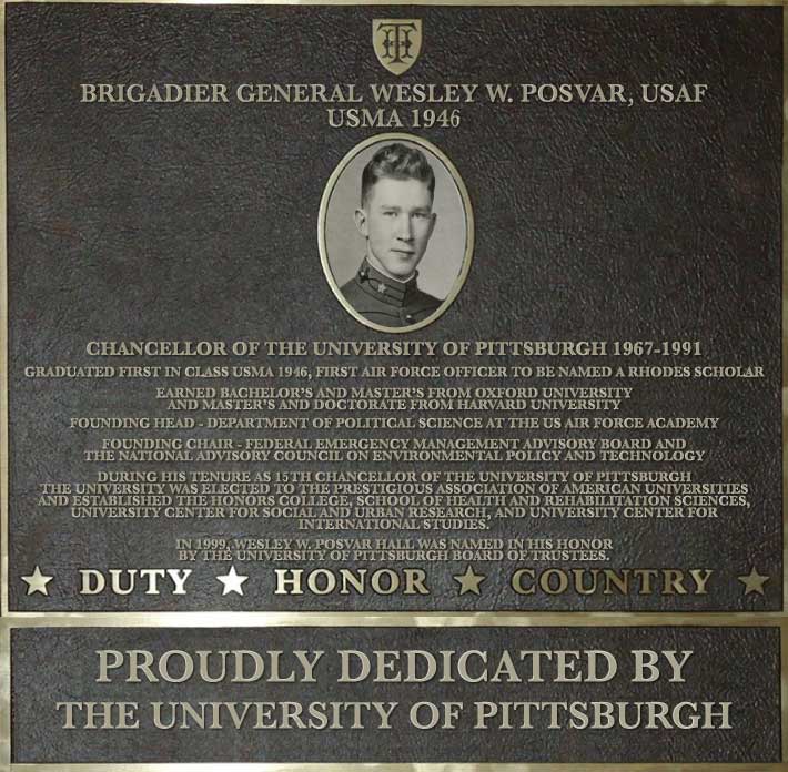 Dedication plaque in honor of Brigadier General Wesley W. Posvar, USAF, USMA 1946