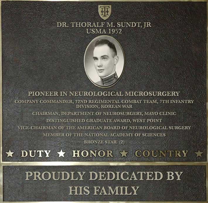 Dedication plaque in honor of Dr. Thoralf M. Sundt Jr., USMA 1952